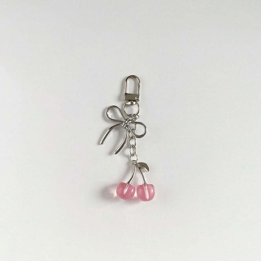 Ins Wind Cherry Bow Keychain, Pearl Bow Silver Peach Heart Shaped Girls Bag Pendant - Tay nắm cửa màu hồng - Xem 1