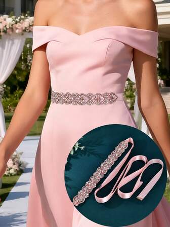 1pc Full Crystal Wedding Belt, Bridal Party Dress Accessory, Tie-Up Waist Belt For Weddings, Suitable For Formal Events And Parties