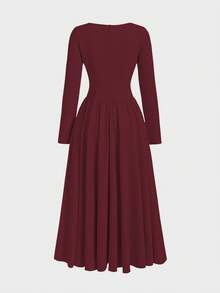 优雅简约时尚休闲复古褶皱长袖纯色冬季连衣裙，女士款，拉链闭合，适合晚宴、假日、上学、办公、度假、秋冬春季穿着。 - 酒紅色 - 查看 8