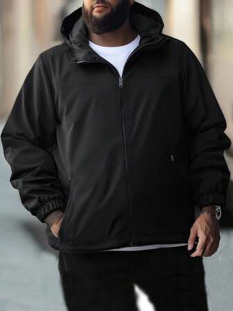 Plus Size Men's Lightweight Zip-Up Hooded Long Sleeve Jacket, Suitable For Spring/Autumn Outdoor Wear