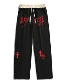 Pantalones casuales para hombre con estampado de letras cruzadas, estilo americano vintage - Rojo - Ver 2