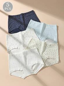 5pcs Women High Waist Printed Soft Cotton Stretch Briefs, Comfortable Fitted Panties - Multicolor - View 2