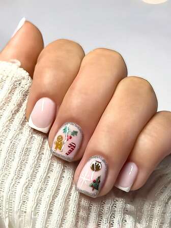 24 korta fyrkantiga pressade naglar, julpuder vita franska stil söta pepparkaksgubbe, käpp, julgran, järnek med silverkanter mönster, rosa naglar, julnagelklistermärken, nagelklistermärkesset, lämplig för kvinnors dagliga användning, fester, arbete, fotografering, nyårspresenter, etc., kan förhöja din charm.