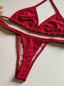 Women's Summer Bikini With Ribbon Thong And Triangle Top - Red - View 2