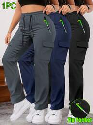 Pantalones cargo con bolsillos con cremallera para mujer, diseño de bolsillos grandes de moda, cintura elástica con cordón, pantalones casuales para uso diario/al aire libre de corte slim