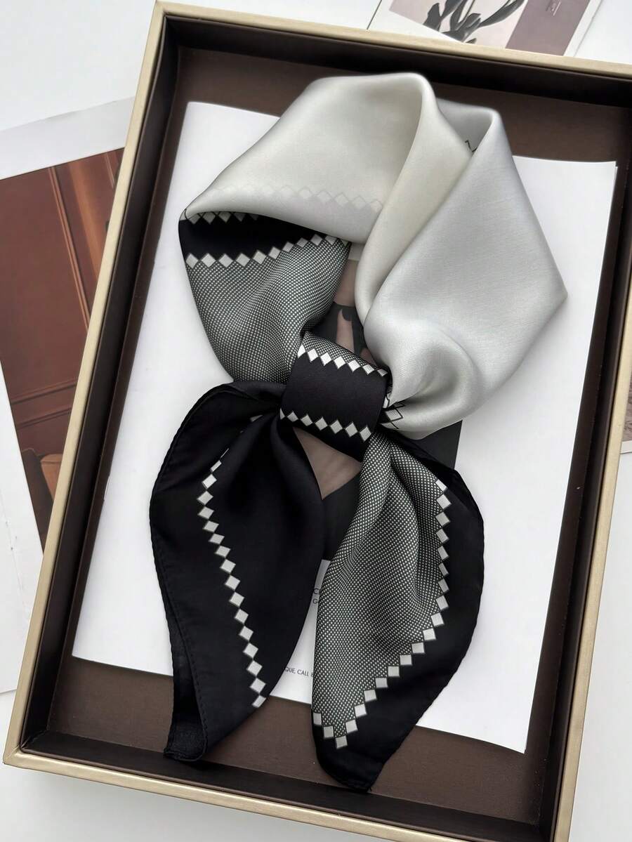 1pc Paisley Print Faux Silk Men's Bandana, Versatile Neck Scarf, Headband, Decoration - Black and White Splicing - View 1