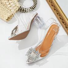 Fashionable Women's Pointed Toe Block Heel Sandals - Transparent Ankle Strap, Rhinestone Buckle, Faux Overlay Fabric And Rubber Sole, Perfect For Summer Parties And Events, High Heel Sandals - 銀色 - 查看 3