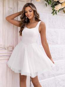 Joyfunear Women's Romantic Mesh Patchwork Backless Dress - White - View 2