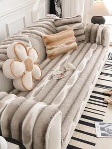 1pc Rabbit Fur Sofa Cushion Cover, Tie-Dye Striped, Thick & Warm For Winter, Anti-Slip & Anti-Scratch Sofa Protector, Ins Style