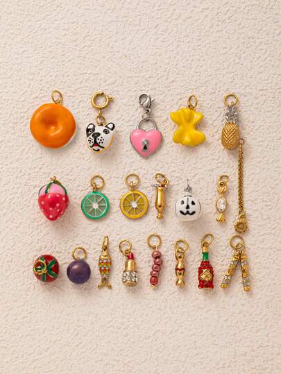 1件时尚口红番茄红酒杯柠檬草莓哈巴狗花不锈钢吊坠，电镀18K金，彰显女性优雅魅力。DIY珠宝配饰，项链、手链、钥匙扣、护身符等轻松搭配，可作为精美吊坠佩戴，适合妻子、妈妈自由搭配。