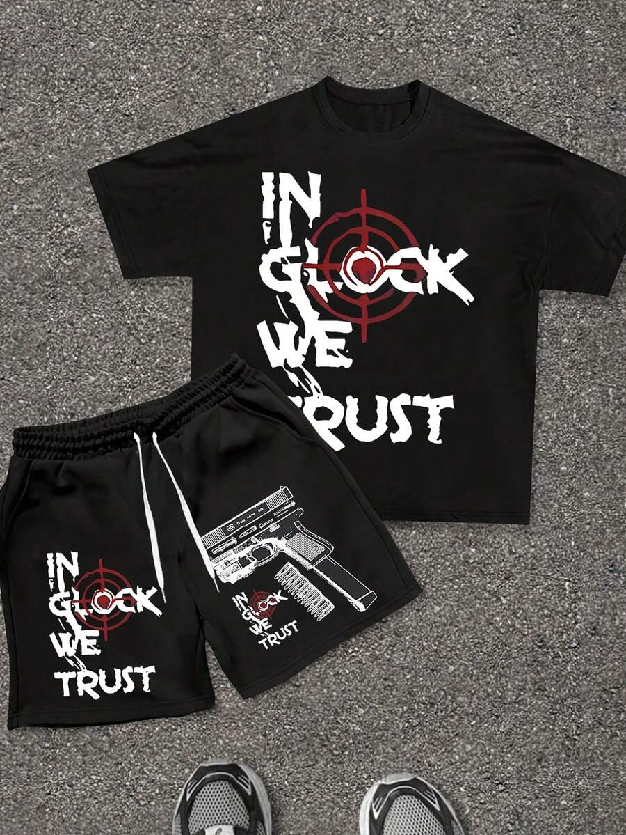 Men's Summer Short Sleeved Shorts Set 2-Piece, Spring And Autumn Style Short Sleeved T-Shirt+Shorts, Soft And Comfortable, Machine Washable, Dry Cleanable, High-Quality - Sight Sight - Printed Pattern Pullover+Pants,  Hip-Hop Style, Suitable For Holidays, Back To School, Streets, Outdoor Outings - 黑色 - 查看 1