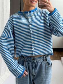 Womens Striped Cardigan Sweater Casual Crew Neck Open Front Button Down Long Sleeve Knit Sweaters Fall Outerwear - 藍色 - 查看 5