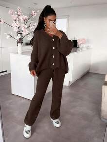 女士宽松纯色针织毛衣套装，超大优雅开衫，最佳休闲家居服，时尚简约女装 - 淺咖啡 - 查看 4