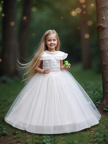 Girls' Solid Color Sequin Birthday Wedding Princess Dress With Cloak, Suitable For Ball, Party, Vacation (Excluding Headband) - trắng - Xem 5