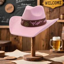 Unisex Western Cowgirl Hats With Floral Band Fashionable Bull Head Wide Brim Fedora Caps For Daily Life And Party - Pink - View 2