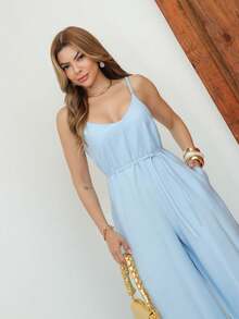 A&DD MODA, REF: Y492 Elegant Women's Jumpsuit With Suspenders, Adjustable Straps And Side Pockets, Casual And Sophisticated Modeling, Uncomplicated And Chic Look, Women's Jumpsuit Tailored For All Occasions, Modern And Comfortable Style - 淺藍色 - 查看 5