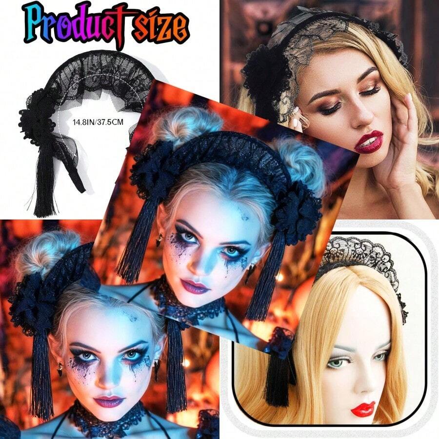 Gothic Lolita Headband Black Halloween Headpieces Red Rose Flower Hair Bands Masquerade Cosplay Party Hair Accessory