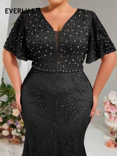 EVERLYL Everly L Plus Size Elegant Luxury Lotus Pink Embroidered Sequins & Rhinestones Evening Deep V-NeckDress, Ruffle Sleeves Formal Prom Gown, For Wedding Guest, Graduation, Dinner,Birthday,Party