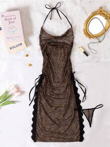 2pcs Sexy Lingerie High Slit Mesh Leopard Print Camisole Nightgown - Multicolor - View 12