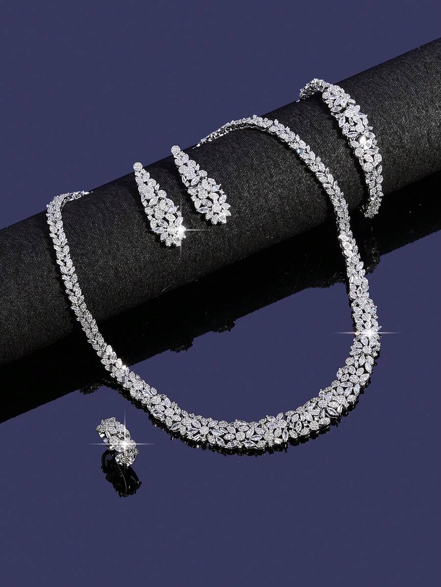 Bộ trang sức Zirconia sang trọng thanh lịch tuyệt đẹp 5 món/1 bộ dành cho cô dâu đeo trong tiệc cưới - B0455-R4S - Xem 1