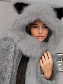 1pc Soft Plush Cat Ear Hat With Integrated Scarf, Unisex Winter Warm Fashion, Lightweight Knitted, Snap Closure, Suitable For Singles Party, Fuzzy Fox Hat, Autumn/Winter Bomber Hat With Scarf, Cute Bear Hat For Cycling Autumn Outfits Valentines Gift - Multicolor - View 6