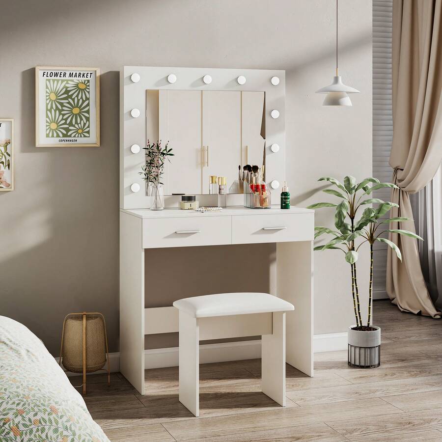 Dressing Table Set With LED Lights Mirror, Vanity Makeup Table 2 Large Drawers And Stool (Black)