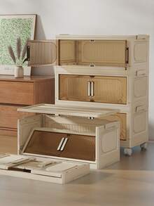 1 pieza Gabinete de almacenamiento plegable de plástico de color amarillo crema clásico, gabinete de decoración del hogar con estantes, caja apilable portátil con puerta, utilizado para almacenar juguetes y ropa, fácil de instalar, sin necesidad de electricidad, resistente a la intemperie, estantería de almacenamiento ligera que se coloca en el piso, muy adecuada para Navidad y Acción de Gracias, apta para uso en habitación, dormitorio, baño y cocina