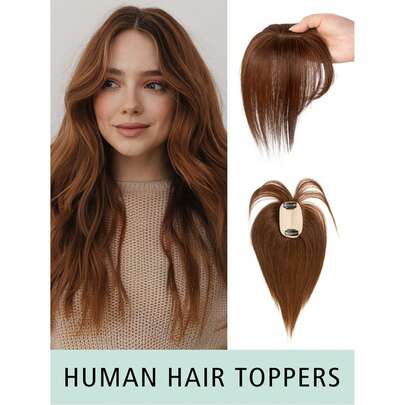 Topper tóc thật có mái màu nâu sẫm, nâng cấp mới dành cho nữ, che tóc bạc và tăng độ phồng, Topper tóc liền mạch nhẹ, kẹp đế lụa
