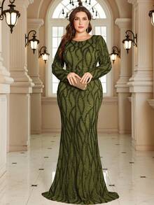 XUIBOL Váy cưới cho mẹ cô dâu tay ngắn sang trọng, trang trọng (Đính kèm nhiều họa tiết) - Màu xanh Ô liu - Xem 4