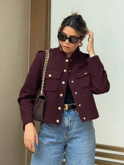 Abrigo vintage de una hilera para mujer de color borgoña de SHIBASHAN, con cuello redondo, manga larga, bolsillos y diseño casual para oficina, para otoño