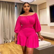 Plus Size Women's Ruffled One-Shoulder Puff Sleeve Top & Shorts 2-Piece Set - Sweetheart Neckline Waist-Defining Casual Outfit Date, Vacation & Party,Plus Size Fall Clothes Women,Plus Size Women Clothes,Seven Colors Are Available Selection.Please Check Size Chart Before Purchasing. - 玫紅色 - 查看 4