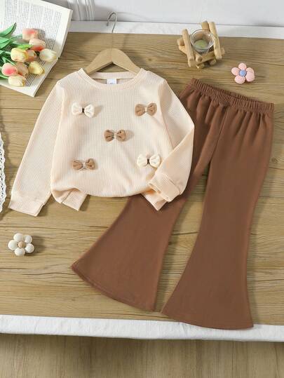 2 件女童休闲蝴蝶结柔软舒适华夫格针织长袖上衣和喇叭裤套装，适合户外穿着，秋冬