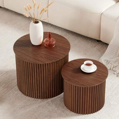 Small Fluted Round Nesting Coffee Table Set Of 2, Mid Century Modern Coffee Table Circle Side Table, Wood Nesting Table Farmhouse End Tables Set For Living Room, Bedroom, Small Spaces(Walnut