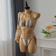 Bellisia Women All-Over Print Halter Twist Front Split Bikini Set For Summer Beach Vacation - Brown - View 9