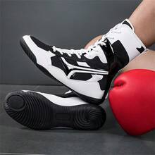Men's Professional Wrestling Shoes, High-Top Competition Training Shoes, Wrestling Shoes & Fitness Boots, Colorful Patchwork Sports Shoes, Synthetic Leather & Mesh Material, Indoor Fitness Non-Slip Boxing Training Shoes, Suitable For All Seasons, Size: 39-48 - Black and White - View 5