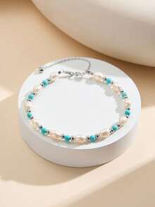 AETOLIA S925 Sterling Silver Natural Freshwater Pearl Bracelet, Handmade Original Design With Turquoise/Lapis Lazuli/Malachite/Amazonite/Garnet, Vintage Fairy Style, Adjustable Sliding Chain, Suitable For Women's Daily, Commute, Wedding Wear - Gold - View 5