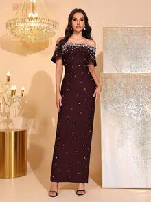 全新优雅仿珍珠水钻装饰露肩露背无袖紧身超长绷带连衣裙，女士正式晚礼服，适合正式场合、生日派对、舞会、复活节 - 棕色 - 查看 2