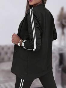 女士休闲运动侧条纹西装外套和裤子套装 黑色 春季 - 黑色 - 查看 3