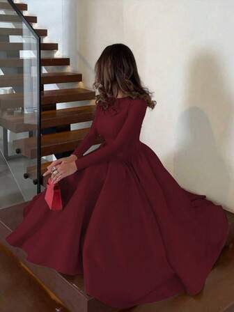 Elegant Minimalist Fashion Casual Retro Pleated Maxi Long Sleeve Solid Color Winter Dress For Women, Zipper Closure, Suitable For Evening Party, Holiday, School, Office, Vacation, Autumn/Winter