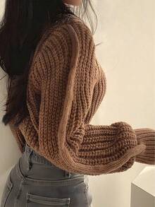 Vintage Harajuku suéter de manga larga suelta de las mujeres, prendas de punto coreano, suave Top caliente, la moda de las mujeres de otoño e invierno suéter de color sólido - Marrón - Ver 3