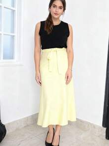 Long Skirt With Belt Zipper With Belt - Amarillo claro - Ver 1