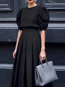 Women's Elegant Short Sleeve Top And Solid Color Skirt 2-Piece Set, Suitable For Elegant Daily Office, Airport Outfit In Summer Black - Black - View 3