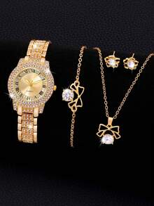 1 套女士手表华丽时尚石英手表满镶钻石水钻和蝴蝶吊坠项链、耳环、手链首饰套装非常适合日常佩戴、生日礼物、派对、节日聚会，也是送给自己或朋友的理想礼物（不含盒子） - 金色 - 查看 2