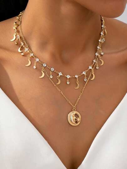 2 件时尚高端重饰月亮和钻石吊坠项链，适合女性日常、派对、情人节、母亲节装扮、礼物、分层佩戴