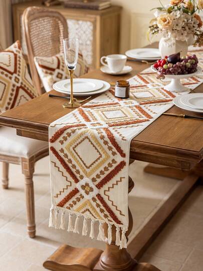 1pc Elegant Embroidered Boho Style Double Layer Table Runner, Handmade Tassel Trim, Single-Sided Embroidery, Multi-Size Suitable For Dining Table, Sideboard Decor