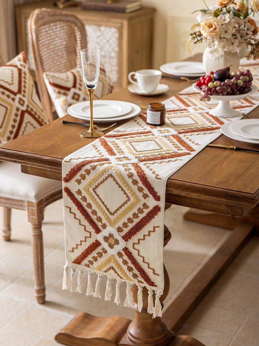 1 件优雅刺绣波西米亚风格双层桌旗，手工流苏饰边，单面刺绣，多种尺寸适合餐桌、餐具柜装饰