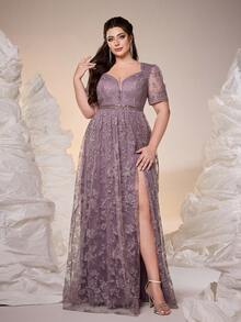 新款Ampoket V领长袖刺绣蕾丝开衩晚礼服，适合舞会、婚礼、派对、婚礼宾客等场合，也可作为晚礼服（非定位款），适合情人节春季穿着。 - 藕粉色 - 查看 4