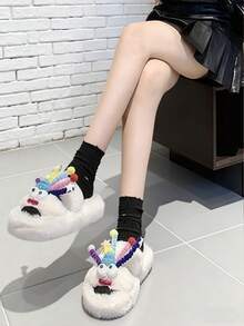 Candy Color Fluffy Pom-Pom Thick Sole Women's Slippers, Warm Plush Lining Indoor/Outdoor Wear, Soft Non-Slip Sole, Multiple Colors Available - White - View 2