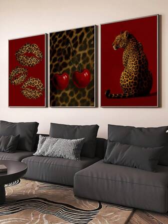 3 piezas Pintura de arte de animales retro estilo universitario lindo con estampado de leopardo rojo vintage, estampado de labios de leopardo, estampado de cerezas, adecuado para dormitorio, sala de estar, oficina, comedor, cocina, estudio, pasillo, dormitorio, baño, regalo ideal para amigos, decoración de pared, decoración del hogar, decoración de habitación, arte de pared de lienzo, pósteres, arte de pared enmarcado, marco opcional
