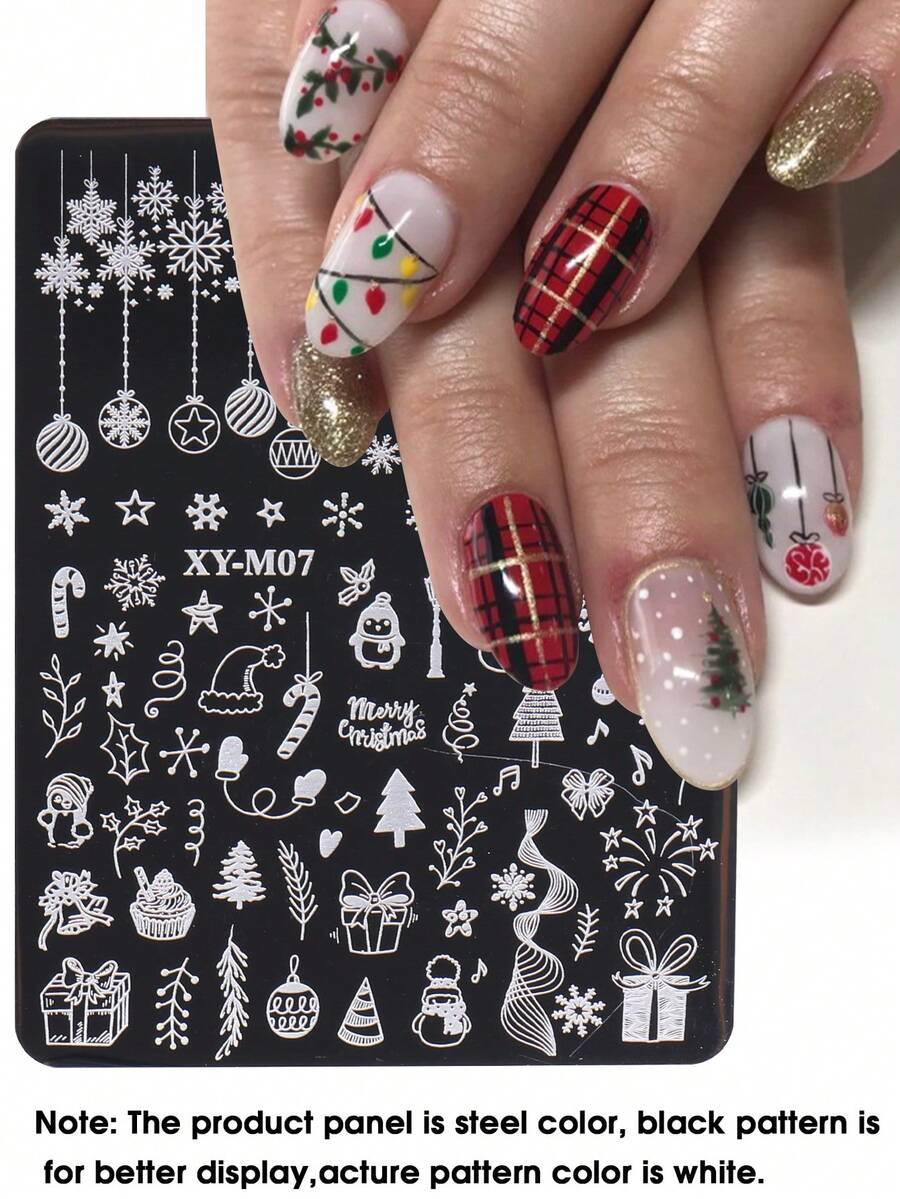 1 件节日圣诞美甲印花板水晶球雪花冬青树礼物企鹅星主题美甲板不锈钢新年美甲设计模板工具 - 銀色 - 查看 1